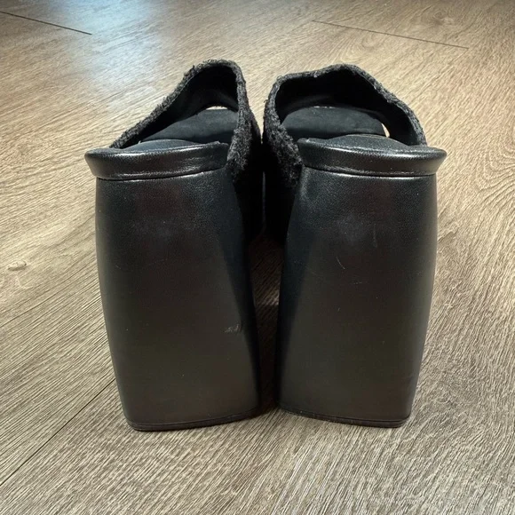 Black Platform Faux Fur Mule Slide Heels - Picture 6 of 8